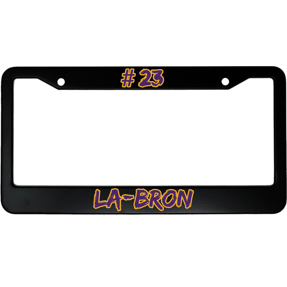 "#23 La-Bron" sports fan aluminum license plate frame — front view