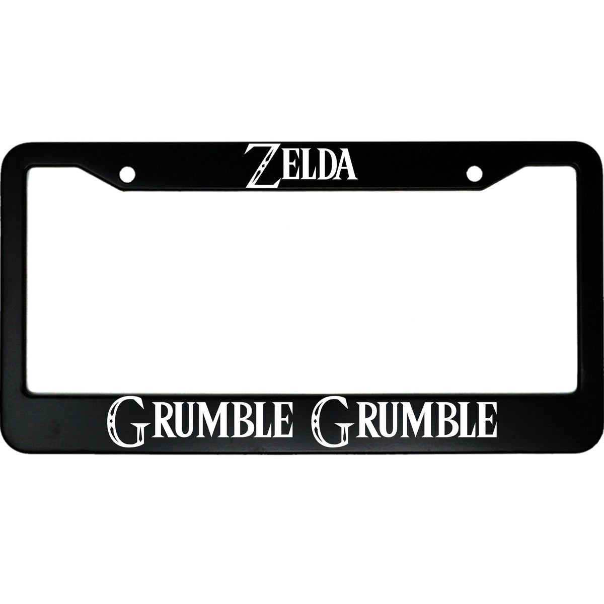 "Legend of Zelda Grumble Grumble" gaming aluminum license plate frame — front view