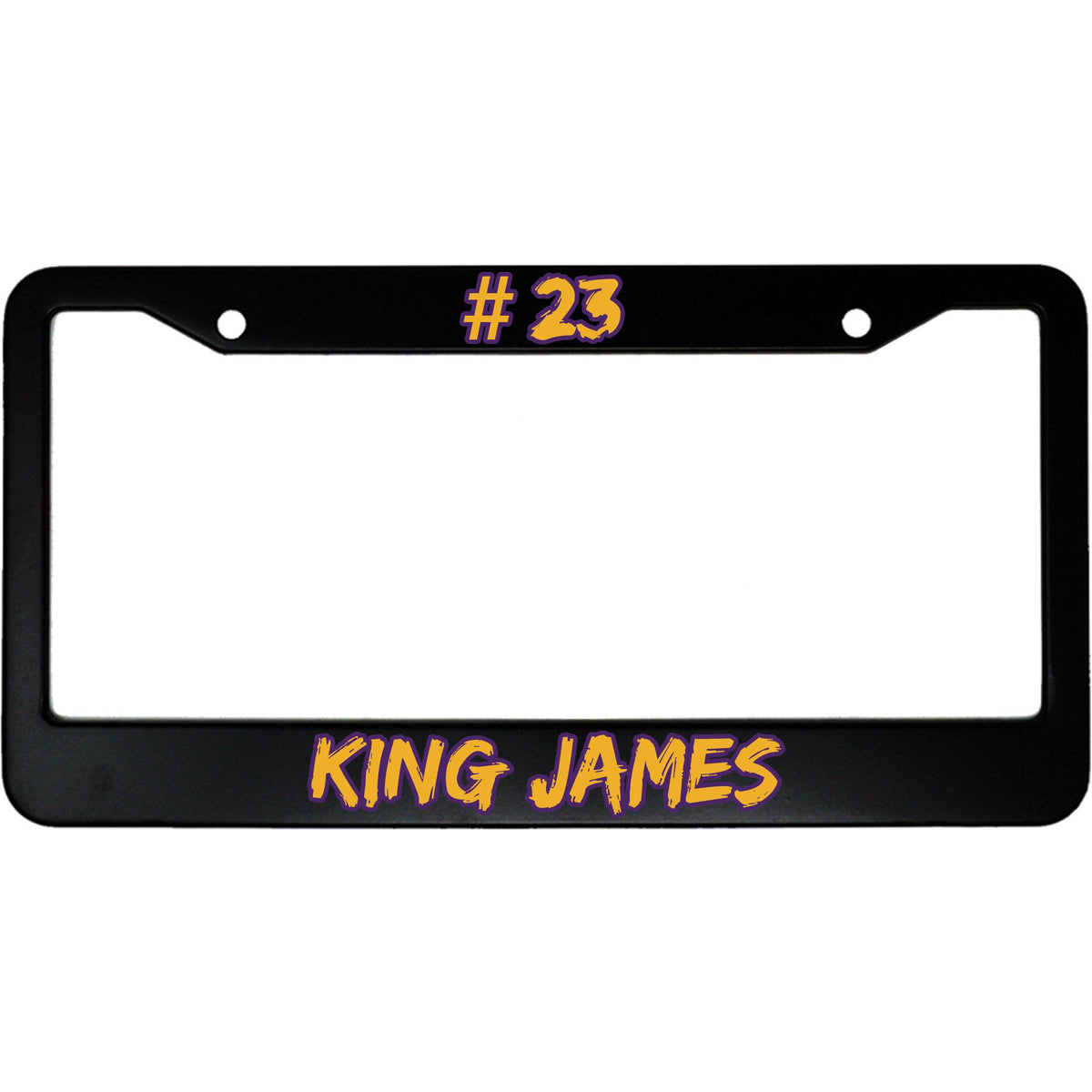 "#23 King James" sports fan aluminum license plate frame — front view