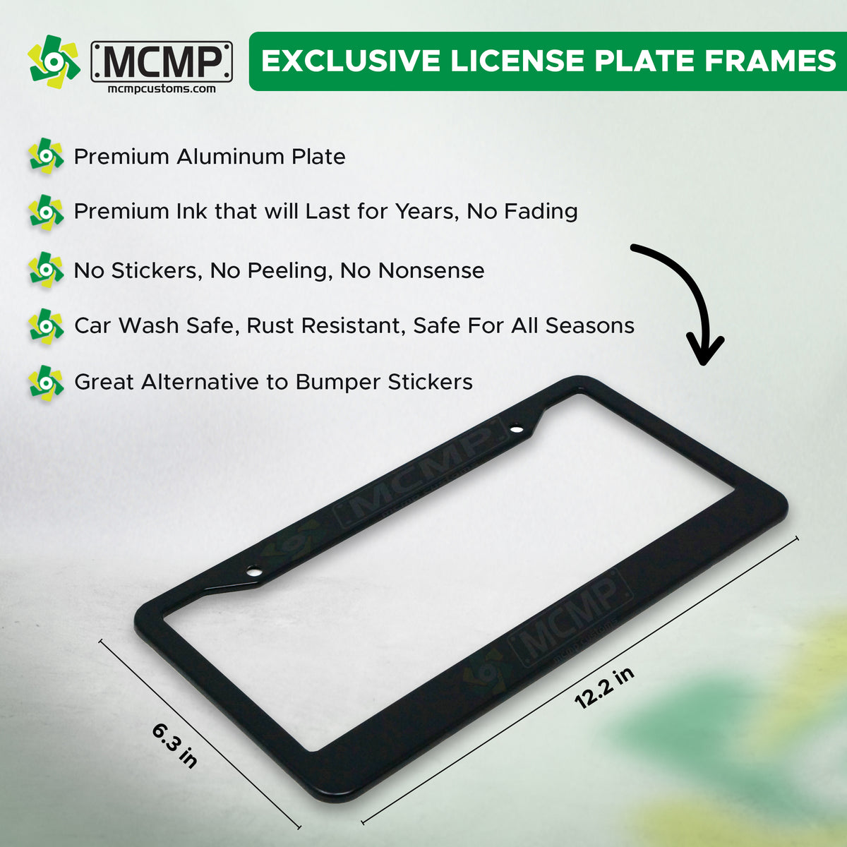 Close-up of "Block Party" license plate frame showing fade-proof print quality