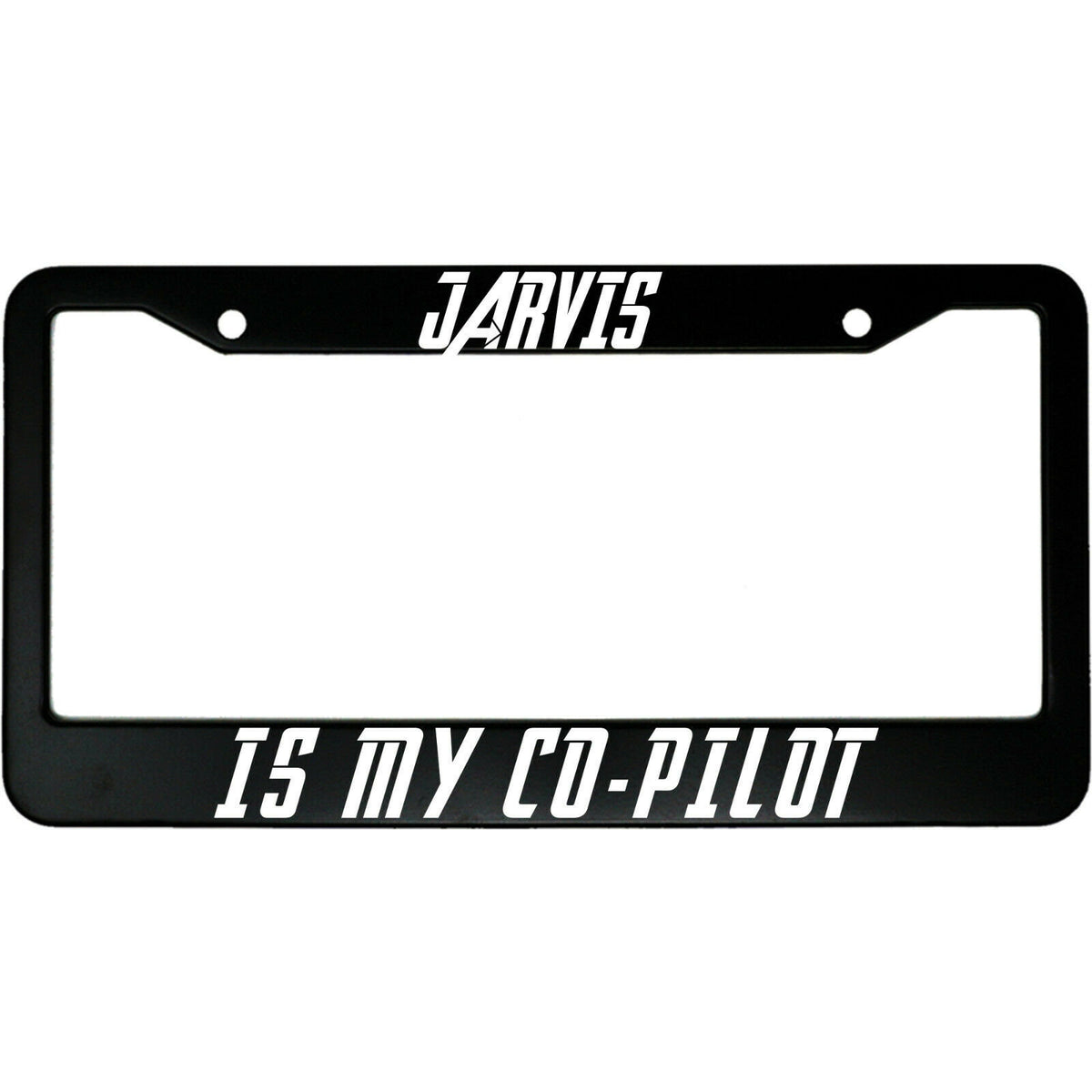 "Jarvis Is My Co-Pilot" superhero fan aluminum license plate frame — front view