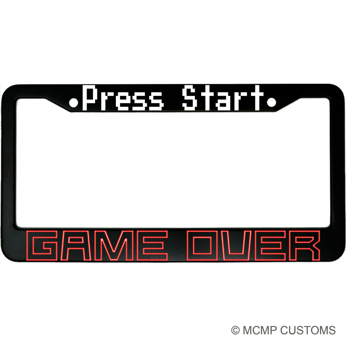 "Press Start Game Over" gaming aluminum license plate frame — front view