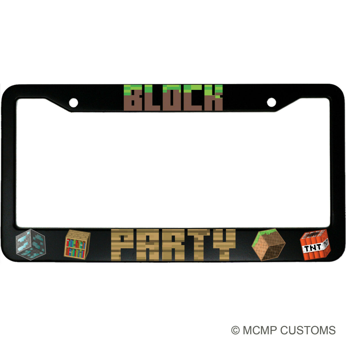 "Block Party" gaming aluminum license plate frame — front view