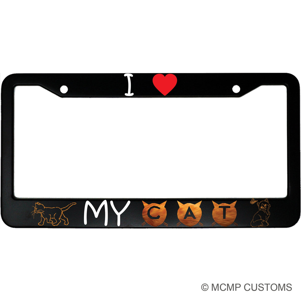 "I Love My Cat with a Heart" cat lover aluminum license plate frame — front view