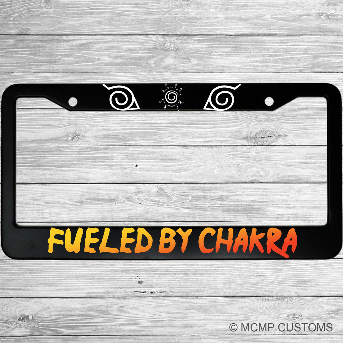 "Fueled by Chakra" license plate frame shown on vehicle — lifestyle photo