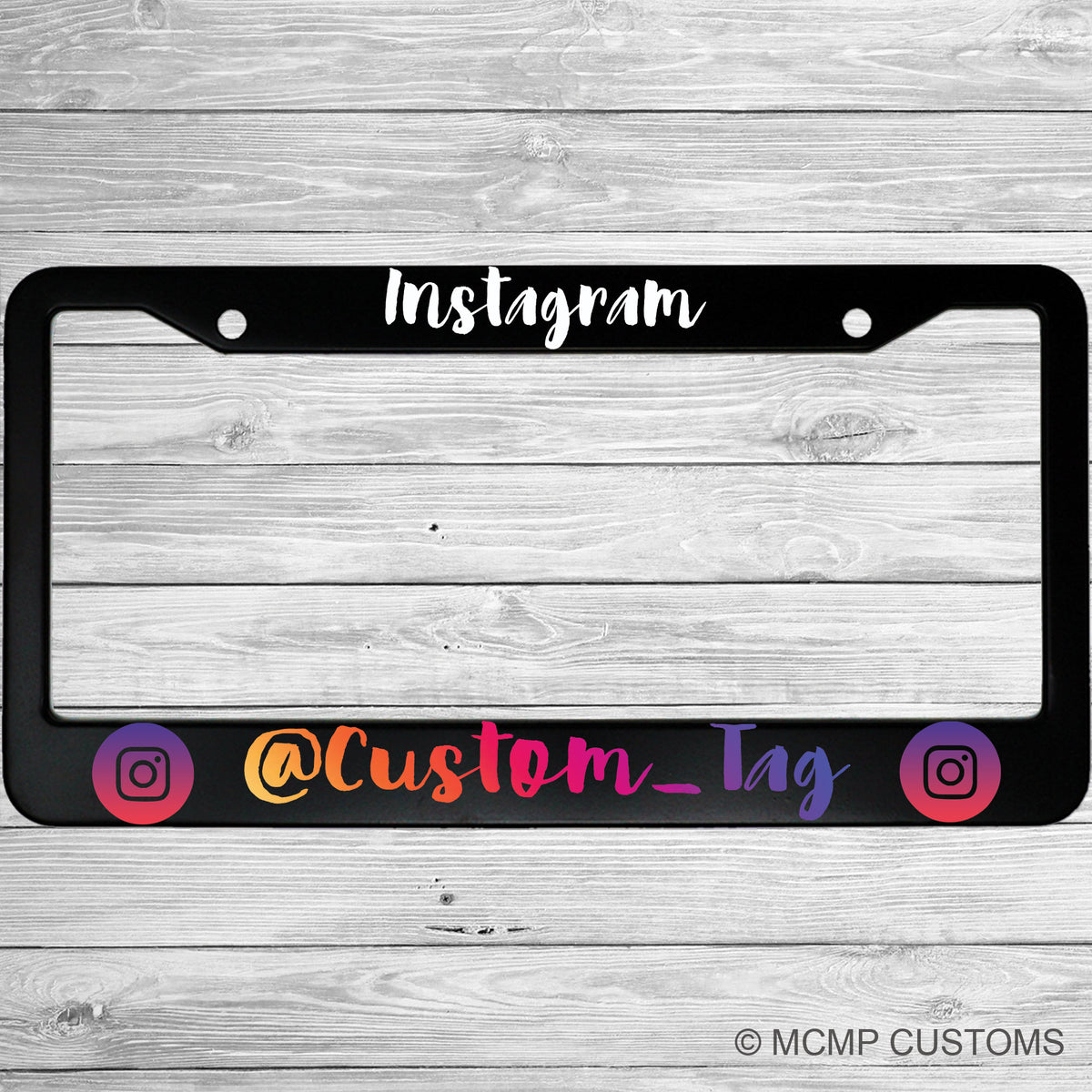 "Custom Instagram Name" license plate frame shown on vehicle β lifestyle photo