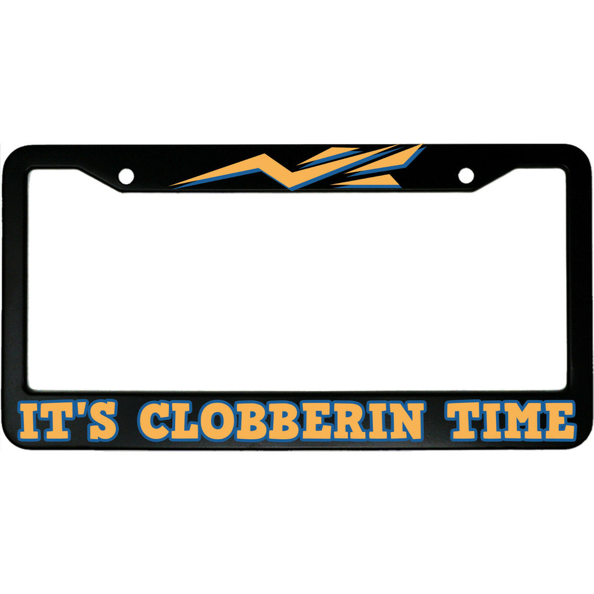 "It's Clobberin' Time" superhero fan aluminum license plate frame β front view