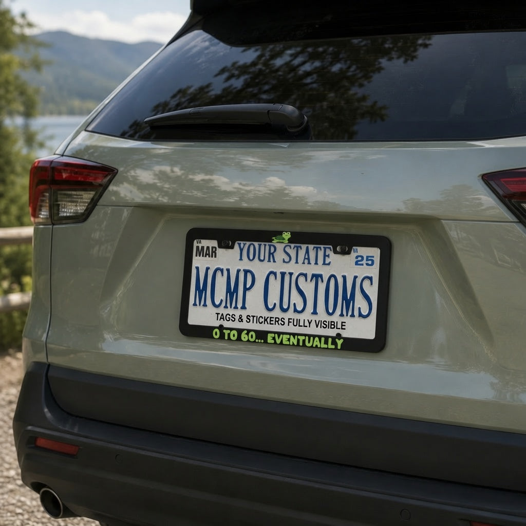 "0 To 60 Eventually Funny" license plate frame shown on vehicle — lifestyle photo