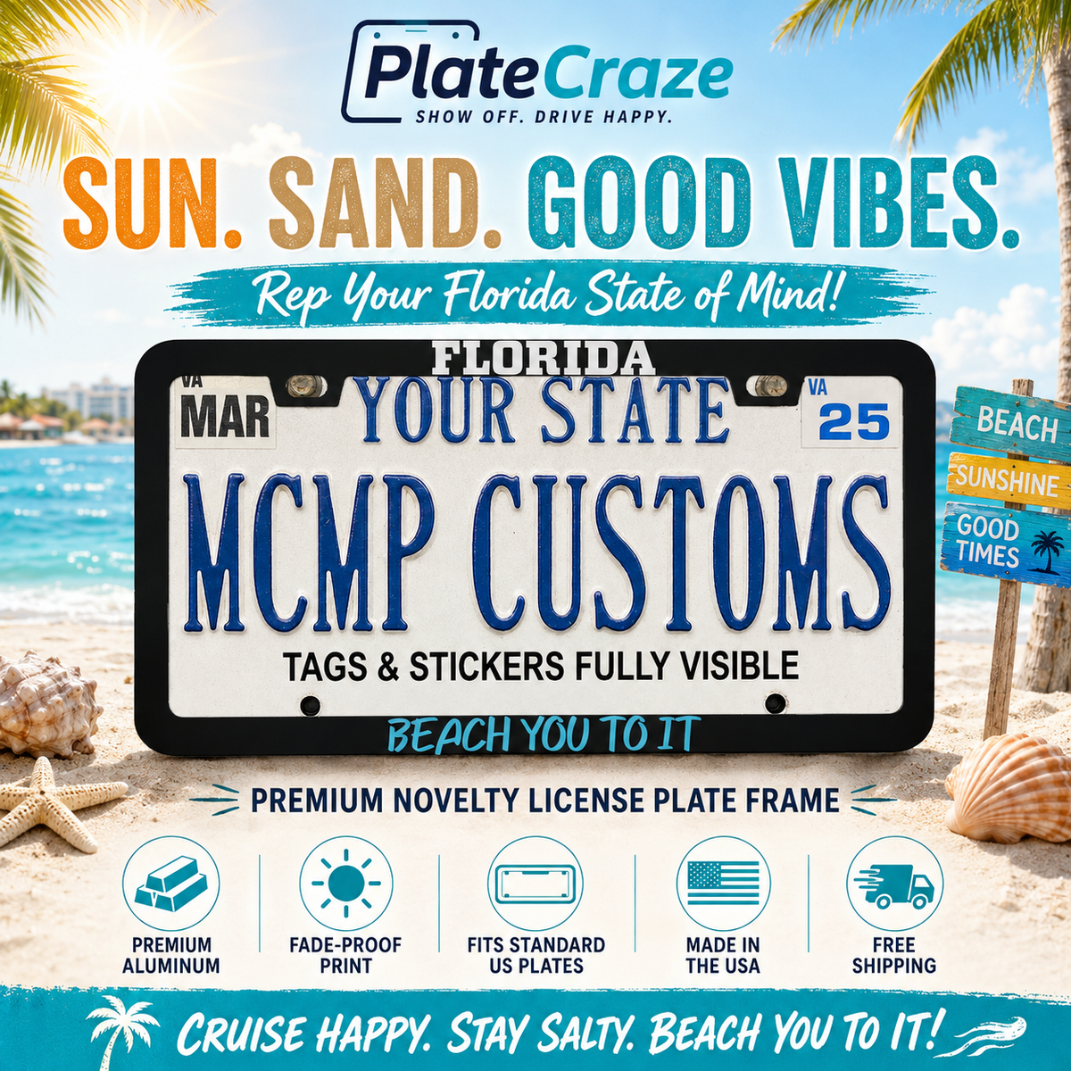 "Florida Beach You To It" license plate frame — social media promo graphic
