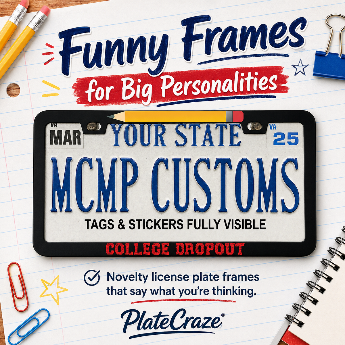 "College Dropout Funny" license plate frame — social media promo graphic