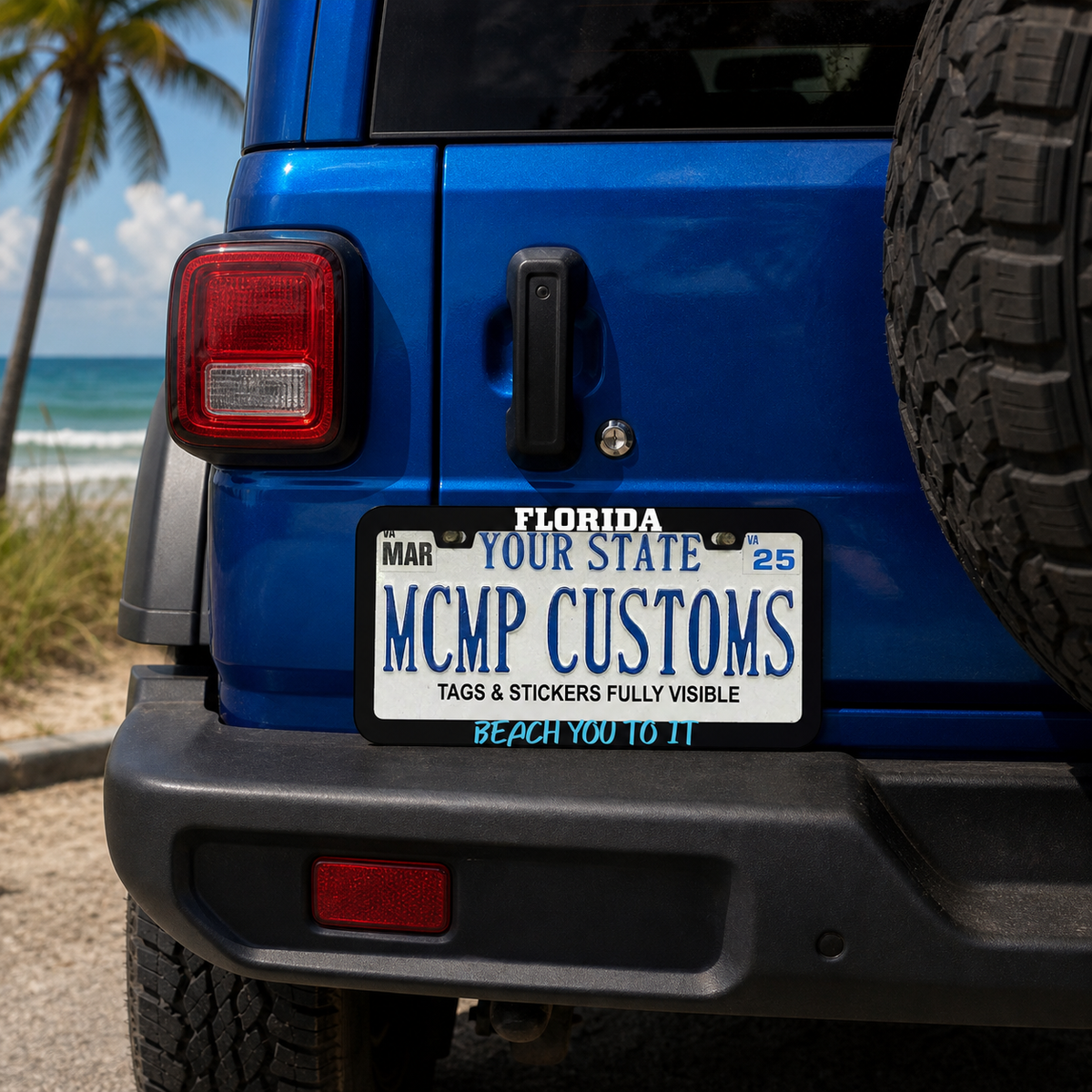 "Florida Beach You To It" license plate frame shown on vehicle — lifestyle photo
