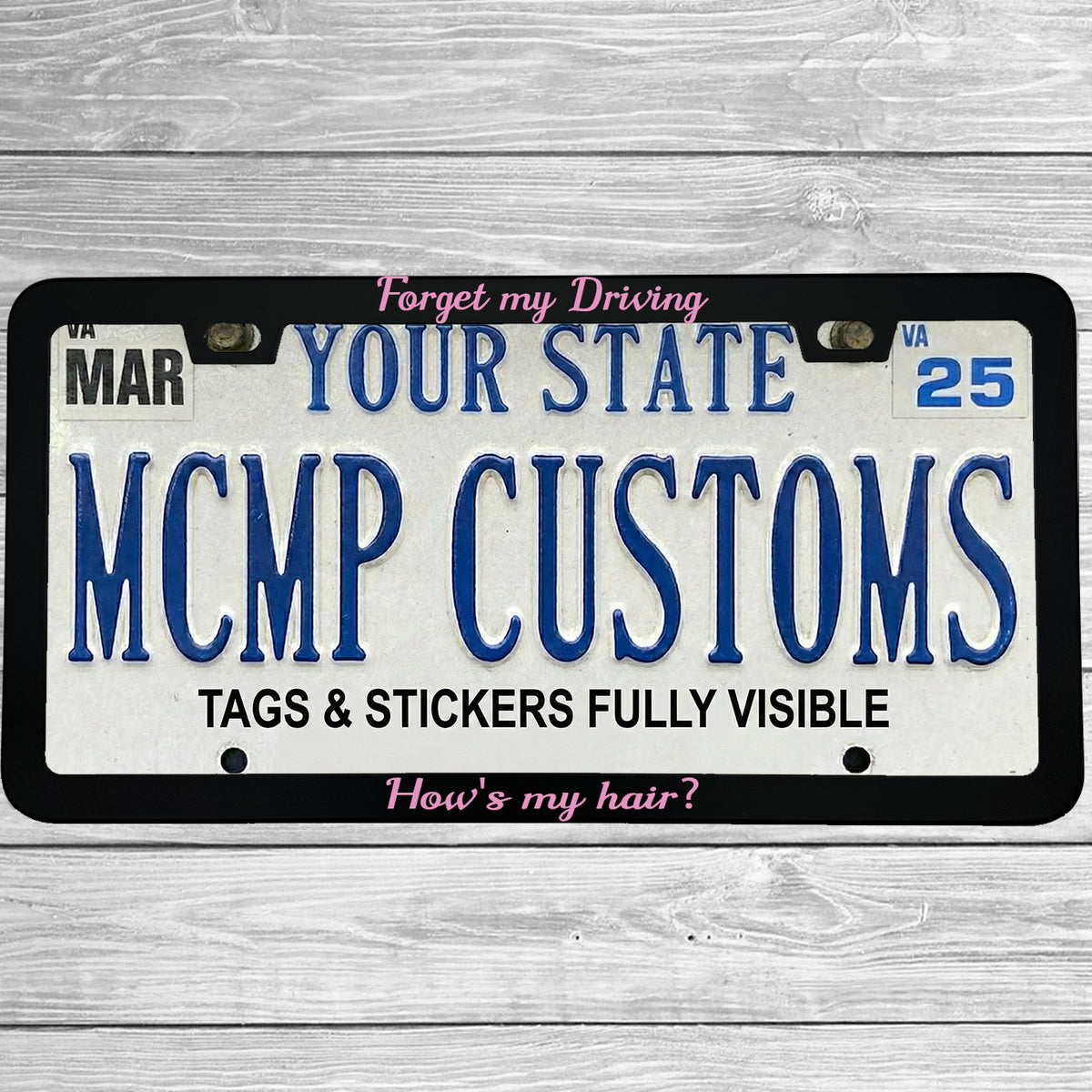 MCMP Customs aluminum license plate frame — features and quality detail infographic