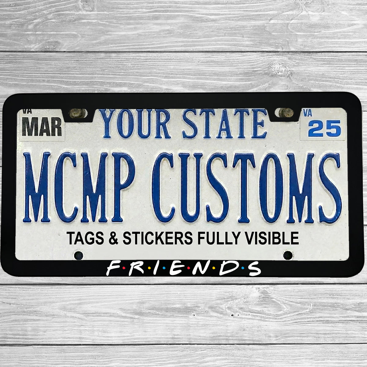 "Friends TV Show Logo" license plate frame shown on vehicle — lifestyle photo