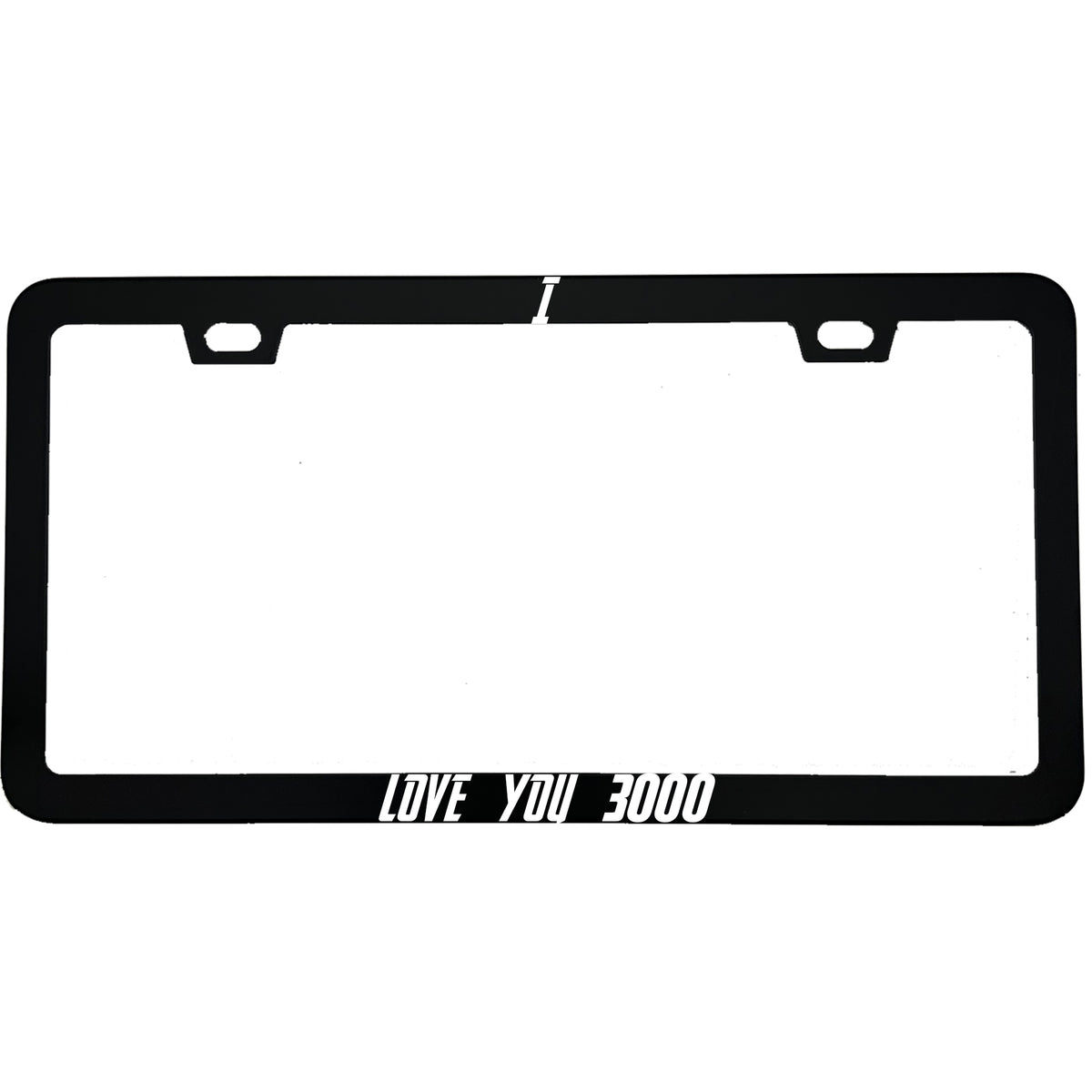 "I Love You 3000" superhero fan aluminum license plate frame — front view