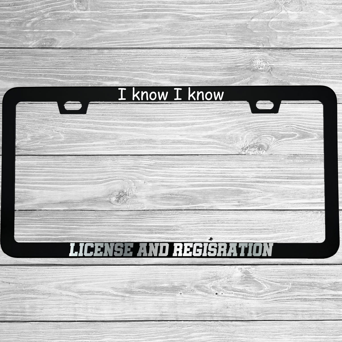 MCMP Customs aluminum license plate frame — features and quality detail infographic