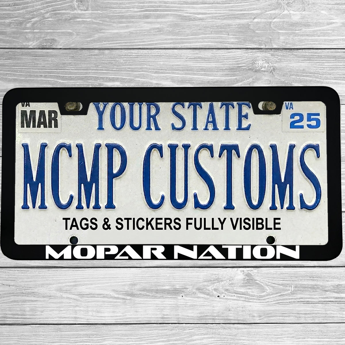 MCMP Customs aluminum license plate frame — features and quality detail infographic