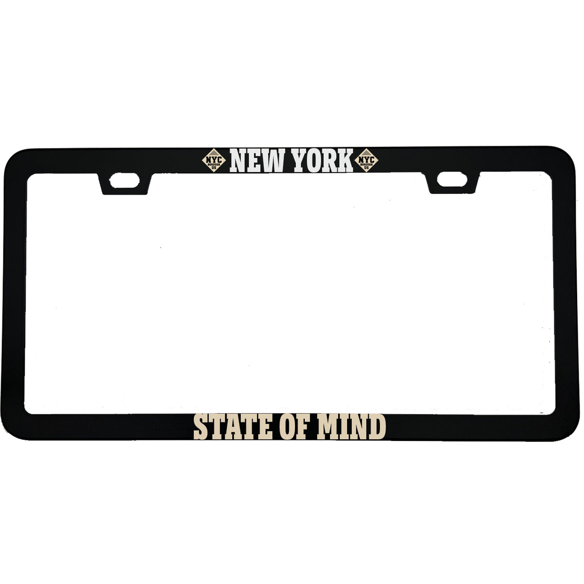 "New York State of Mind" state pride aluminum license plate frame — front view