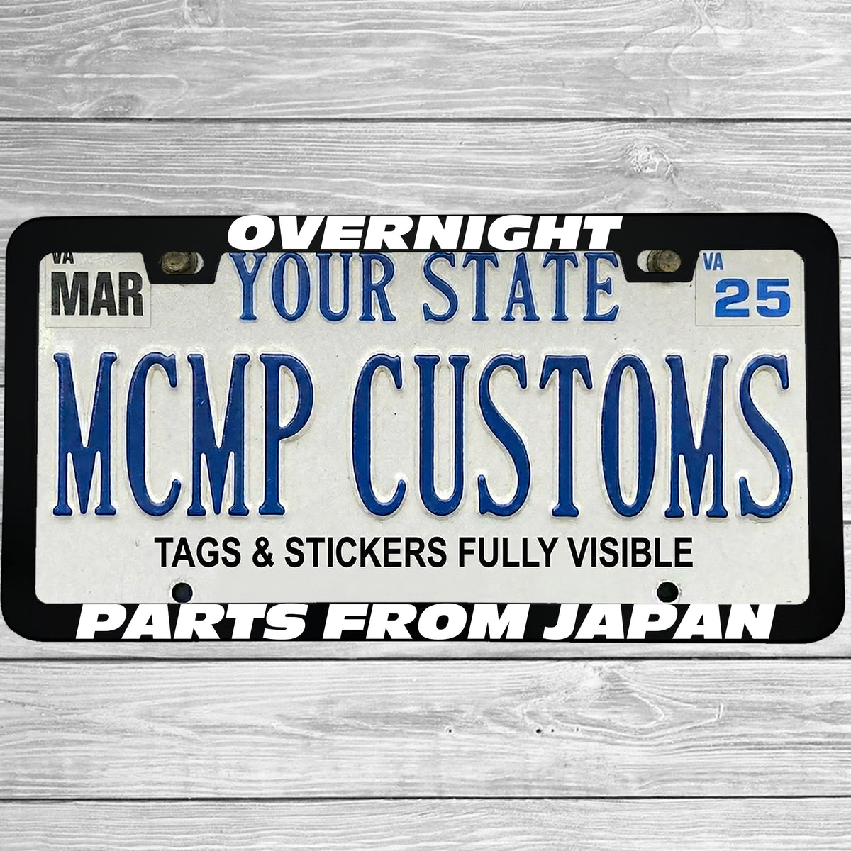 "Overnight Parts From Japan" license plate frame shown on vehicle — lifestyle photo