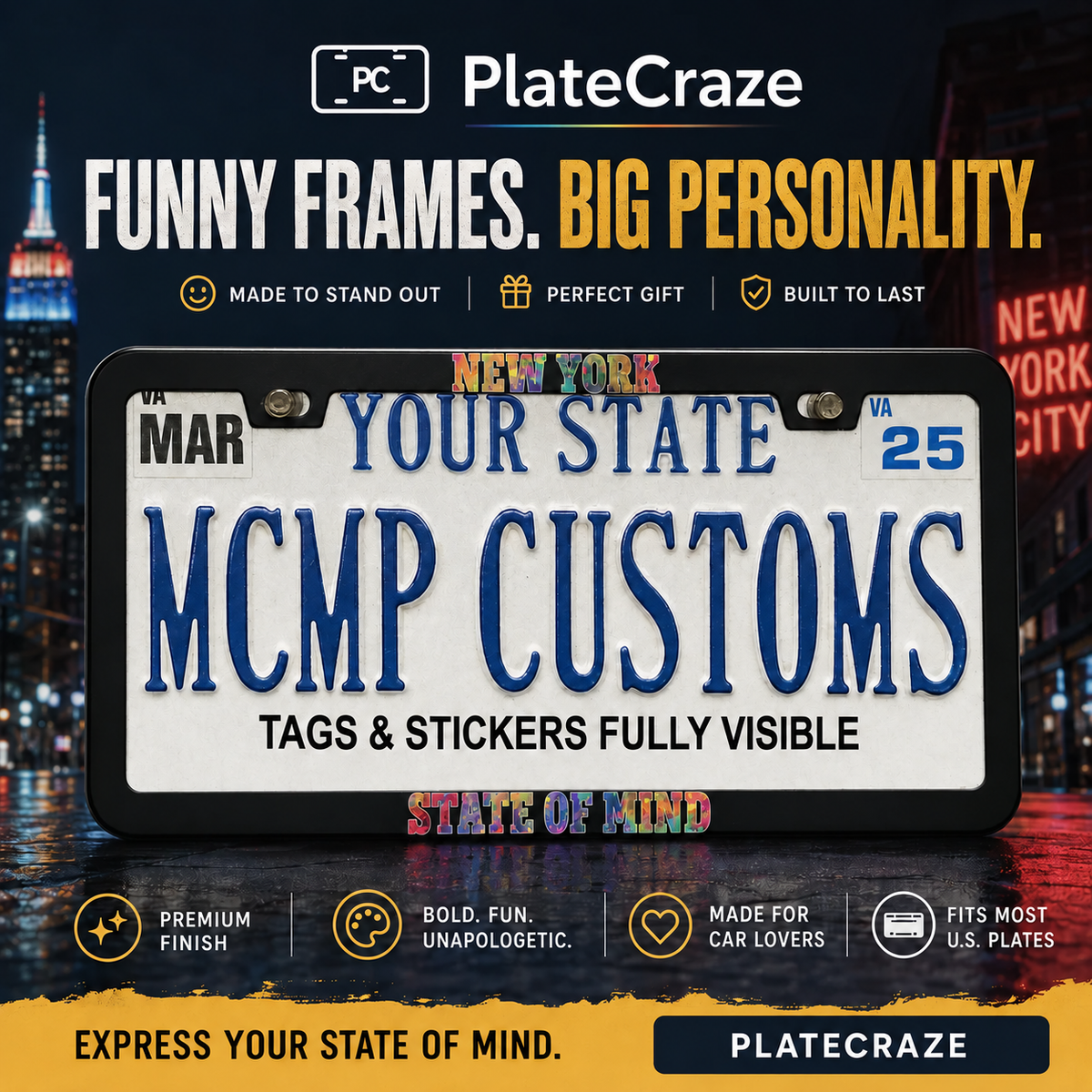 PlateCraze colorful New York State of Mind license plate frame infographic