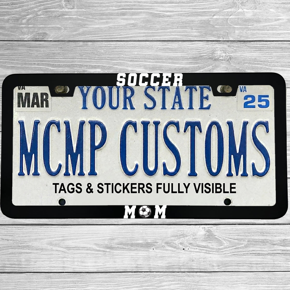 "Soccer Mom" license plate frame shown on vehicle — lifestyle photo