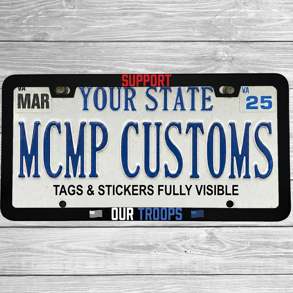 "Support Our Troops" license plate frame shown on vehicle — lifestyle photo