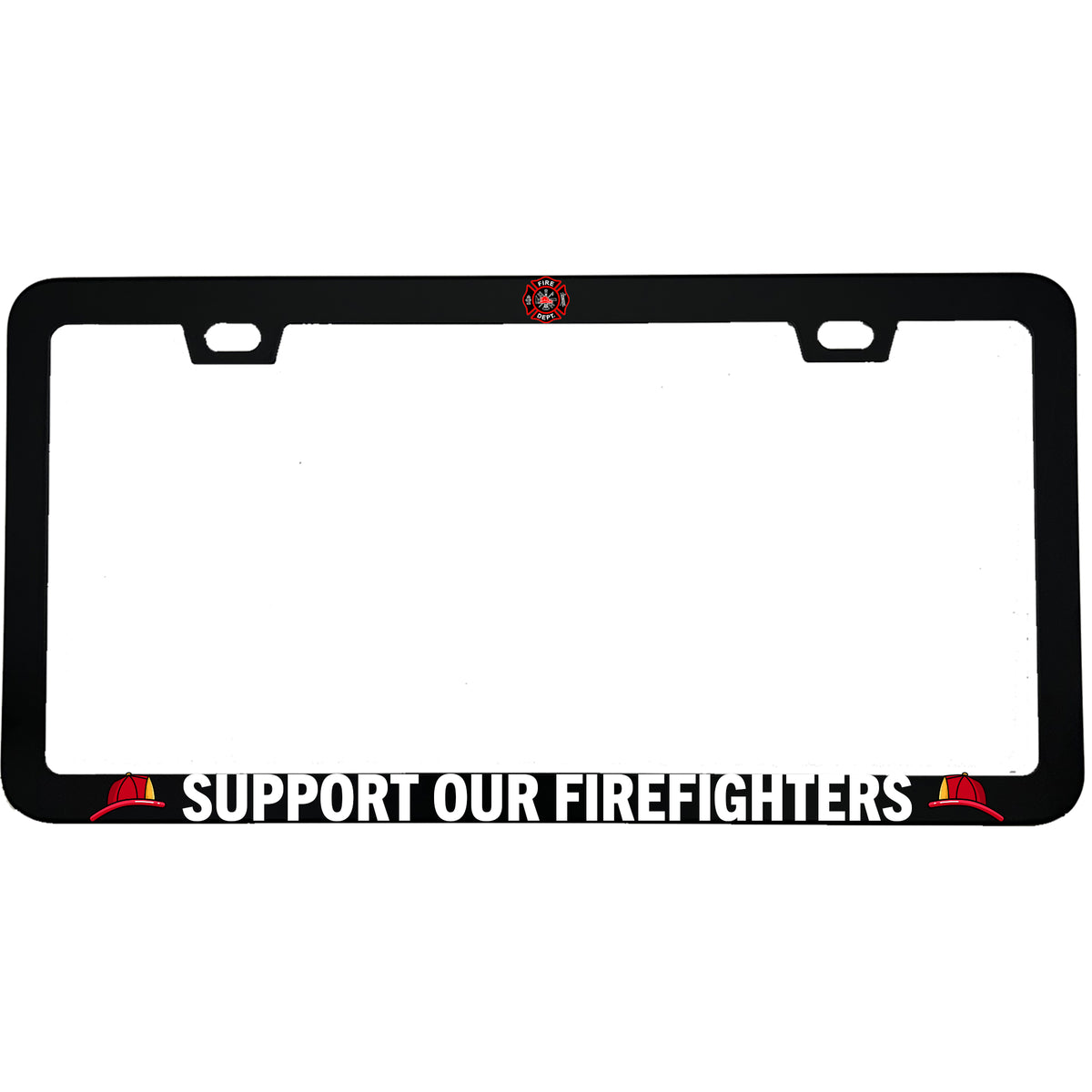 "Support Our Firefighters" firefighter aluminum license plate frame — front view