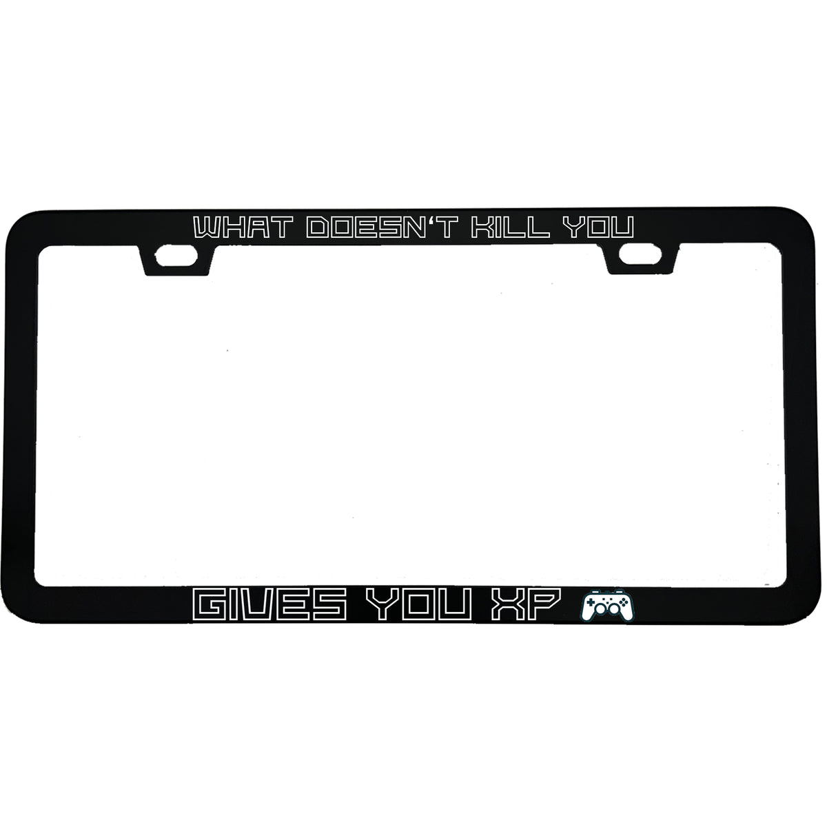 "What Doesn't Kill You Gives You XP" gaming aluminum license plate frame — front view
