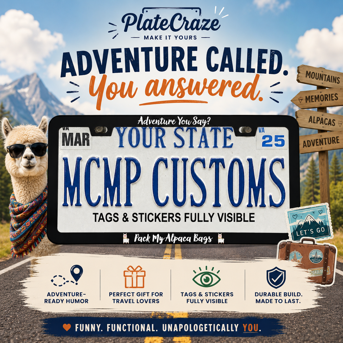 "Adventure You Say Pack My Alpaca Bags Outdoor Adventure" license plate frame — social media promo graphic