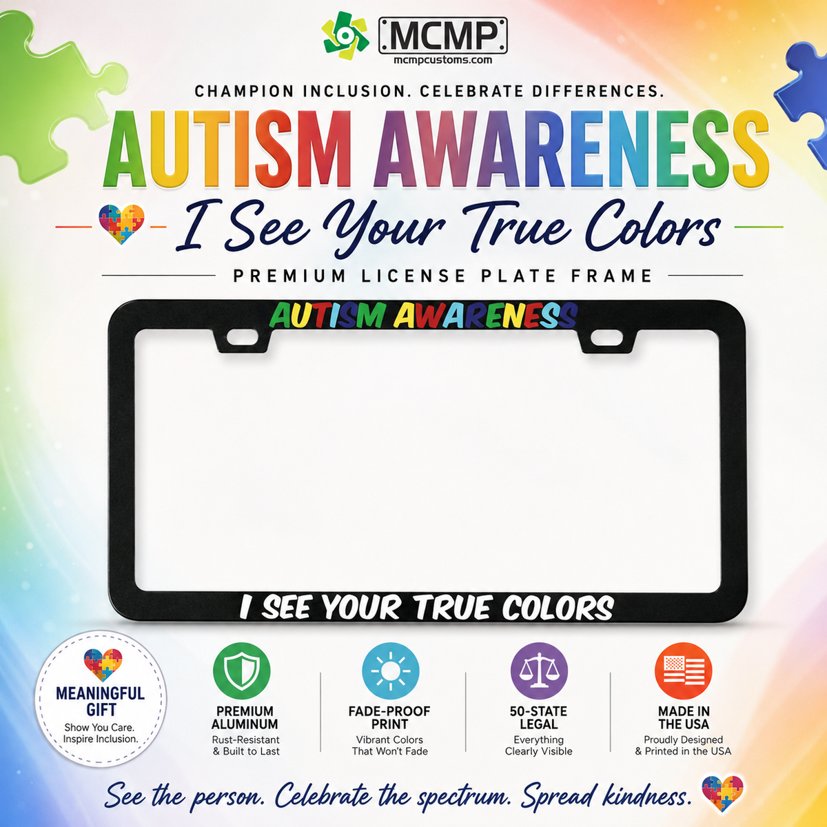 "Autism Awareness I See Your True Colors" license plate frame — social media promo graphic