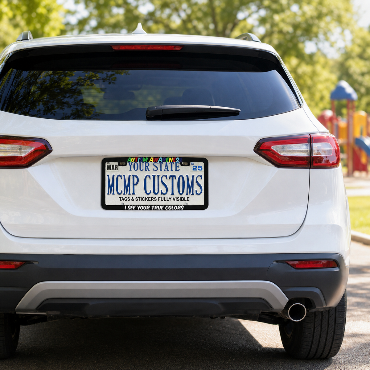 "Autism Awareness I See Your True Colors" license plate frame shown on vehicle — lifestyle photo