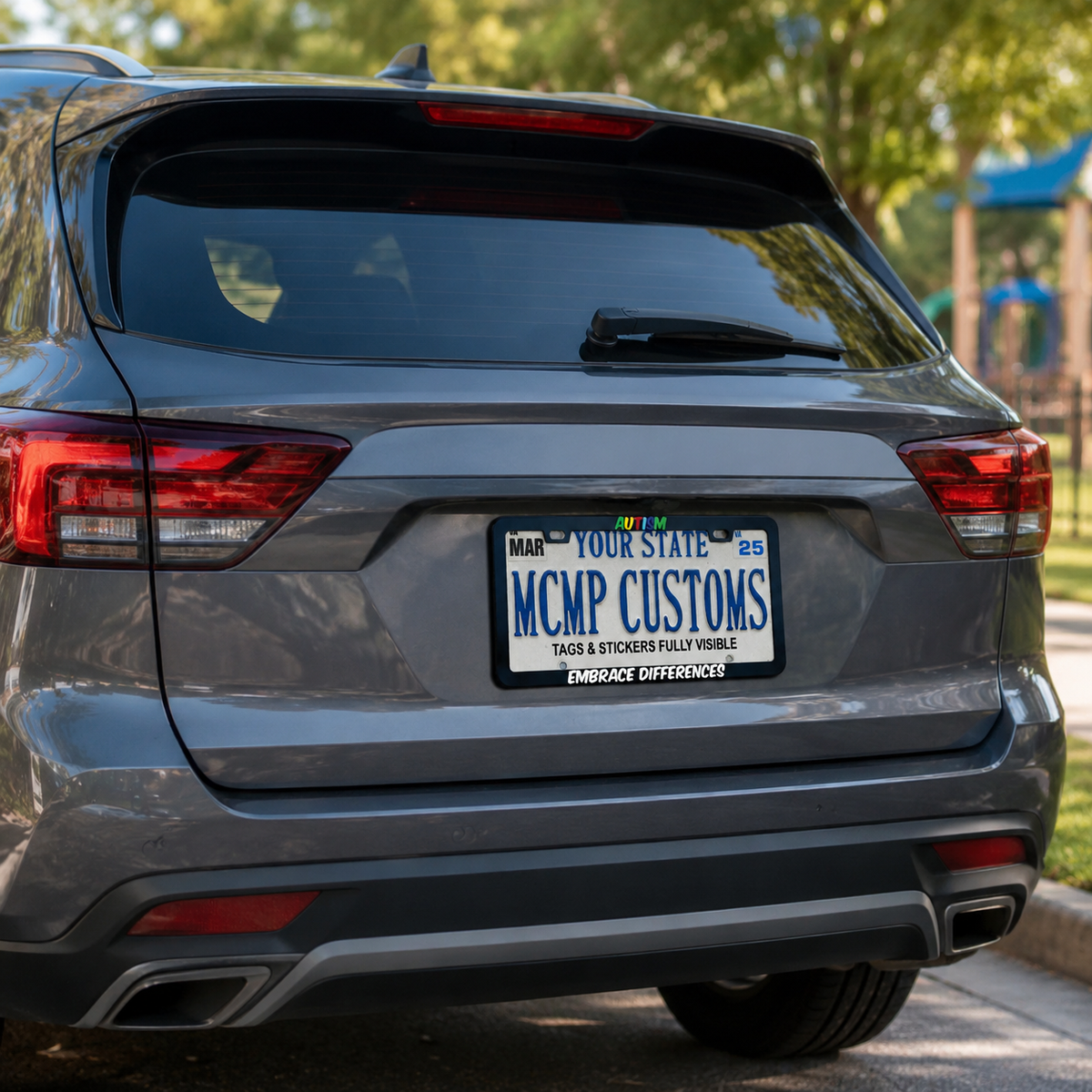 "Autism Embrace Differences Autism Awareness" license plate frame shown on vehicle — lifestyle photo