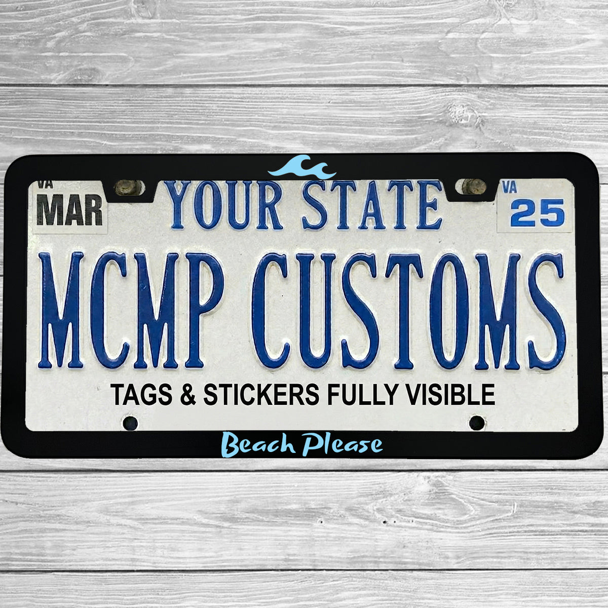 "Beach Please" license plate frame shown on vehicle — lifestyle photo