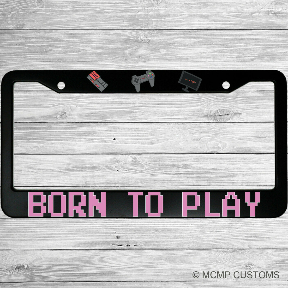 "Born To Play" license plate frame shown on vehicle — lifestyle photo