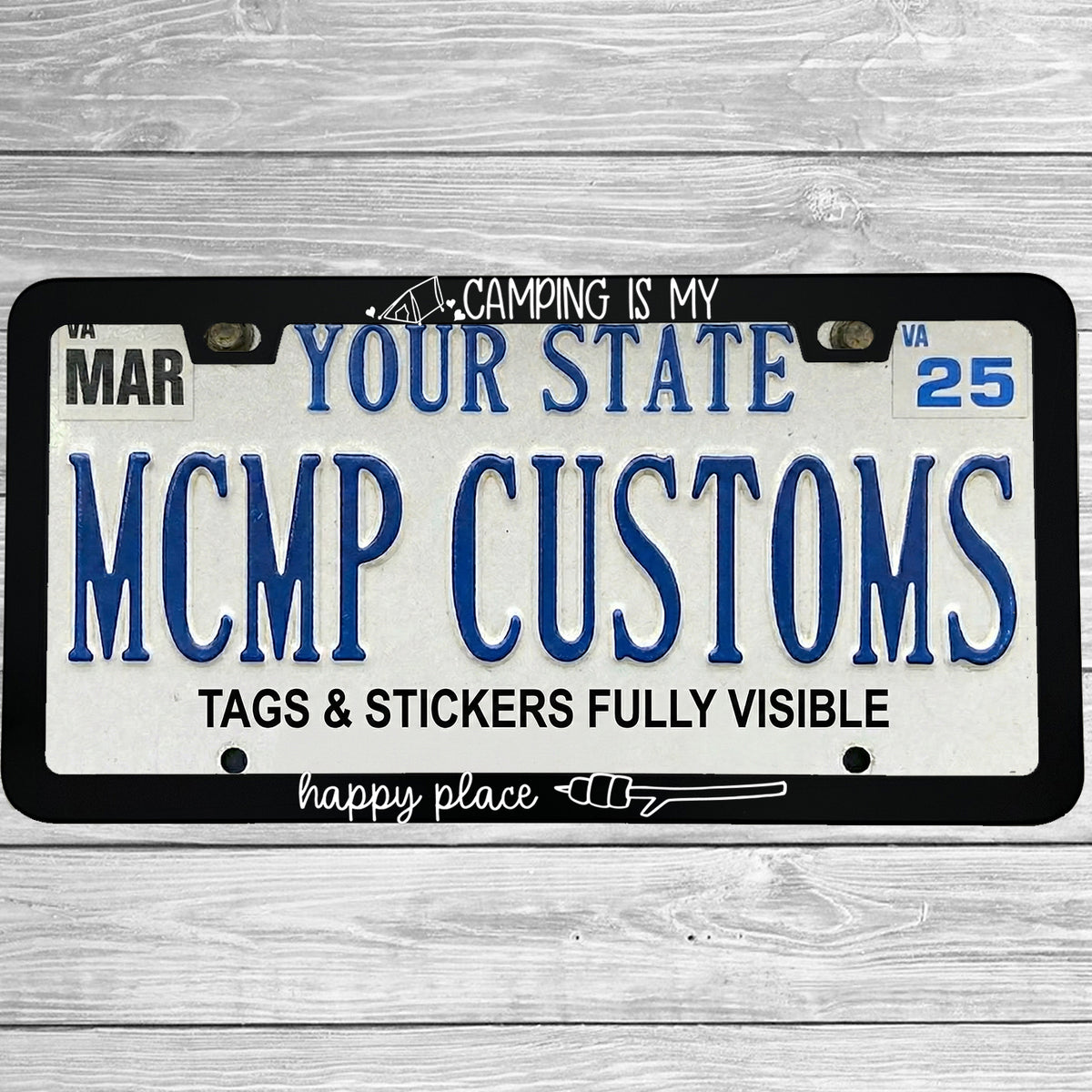 MCMP Customs aluminum license plate frame — features and quality detail infographic