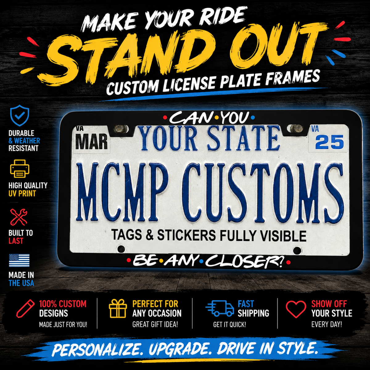 "Can You Be Any Closer Friends TV" license plate frame — promotional banner graphic