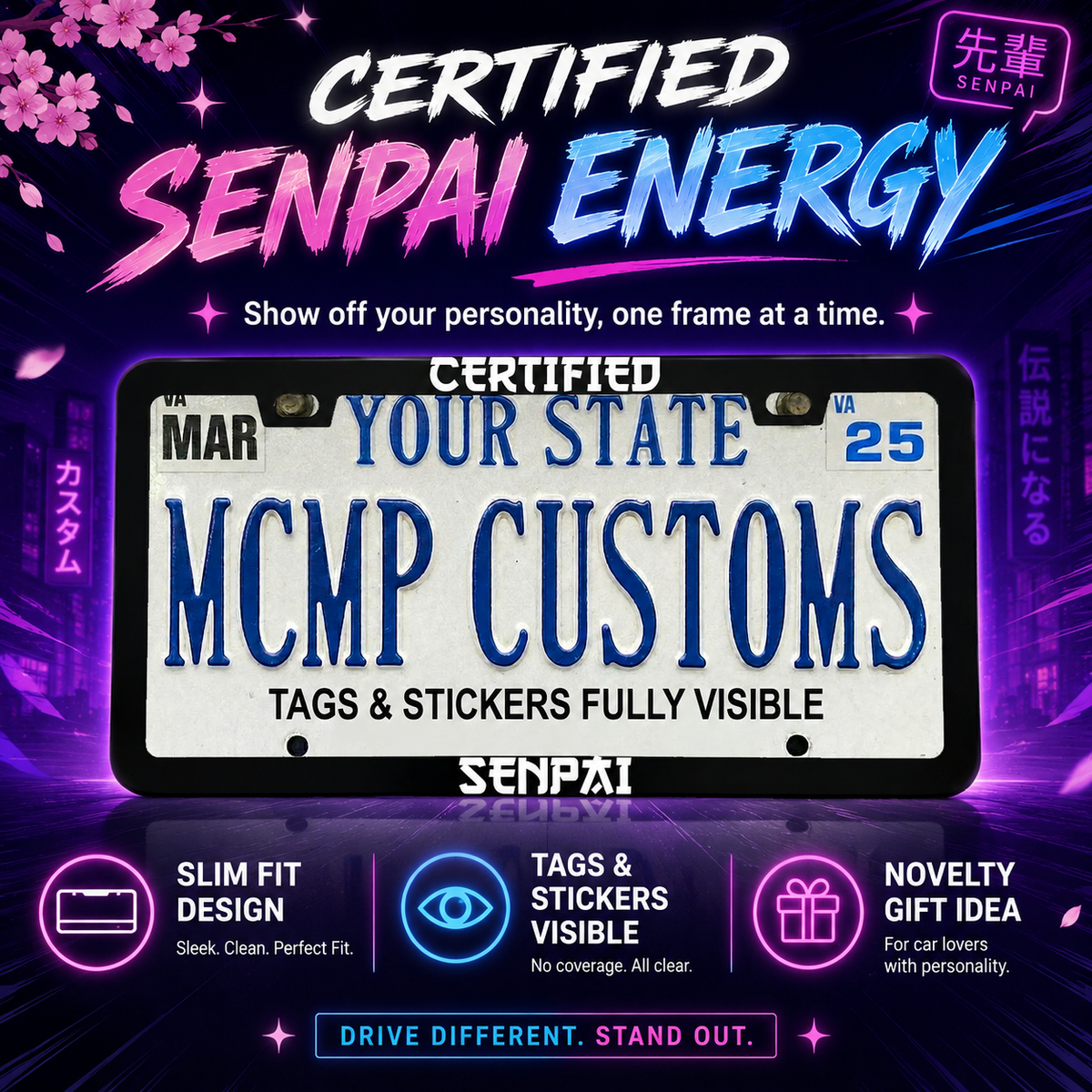 "Certified Senpai Anime" license plate frame — social media promo graphic