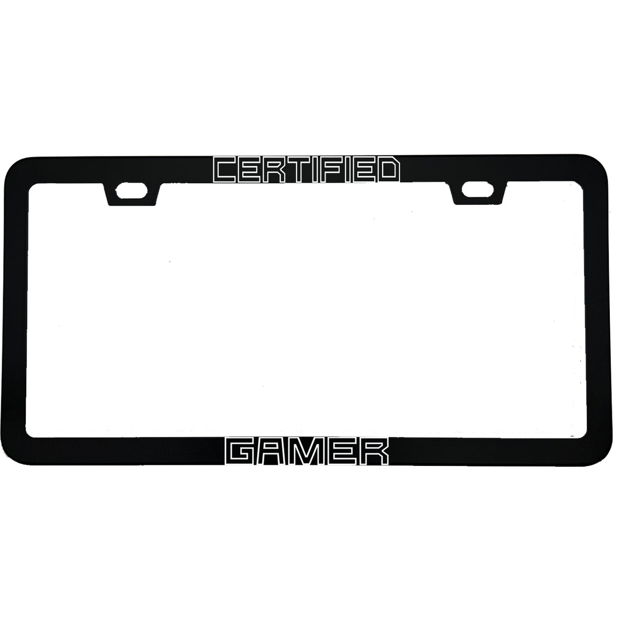 "Certified Gamer" gaming aluminum license plate frame — front view