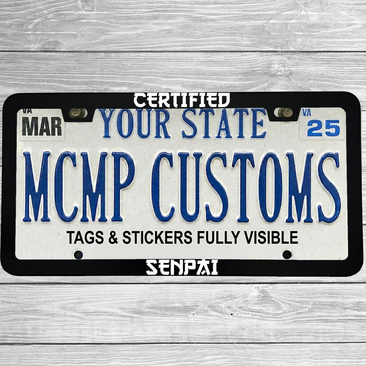 "Certified Senpai" license plate frame shown on vehicle — lifestyle photo