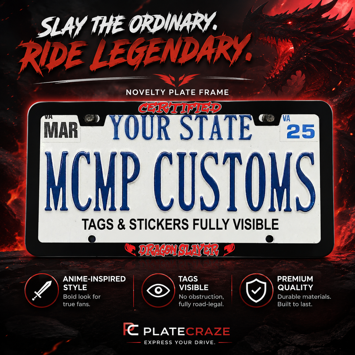 "Certified Dragon Slayer Anime" license plate frame — social media promo graphic