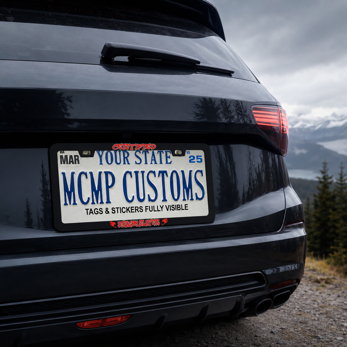 "Certified Dragon Slayer Anime" license plate frame shown on vehicle — lifestyle photo