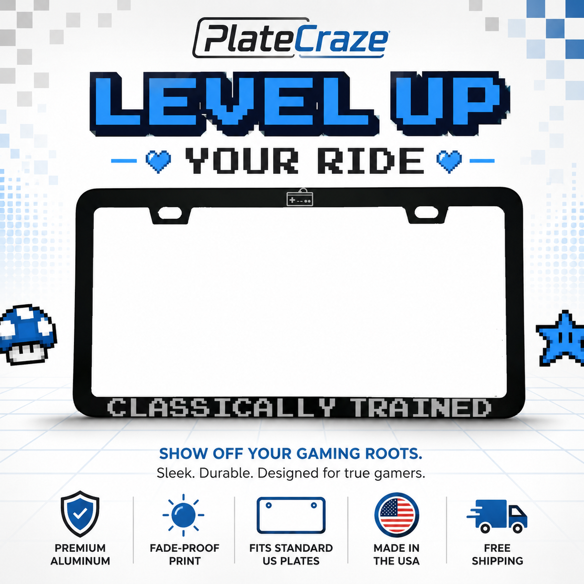"Classically Trained Gaming" license plate frame — social media promo graphic