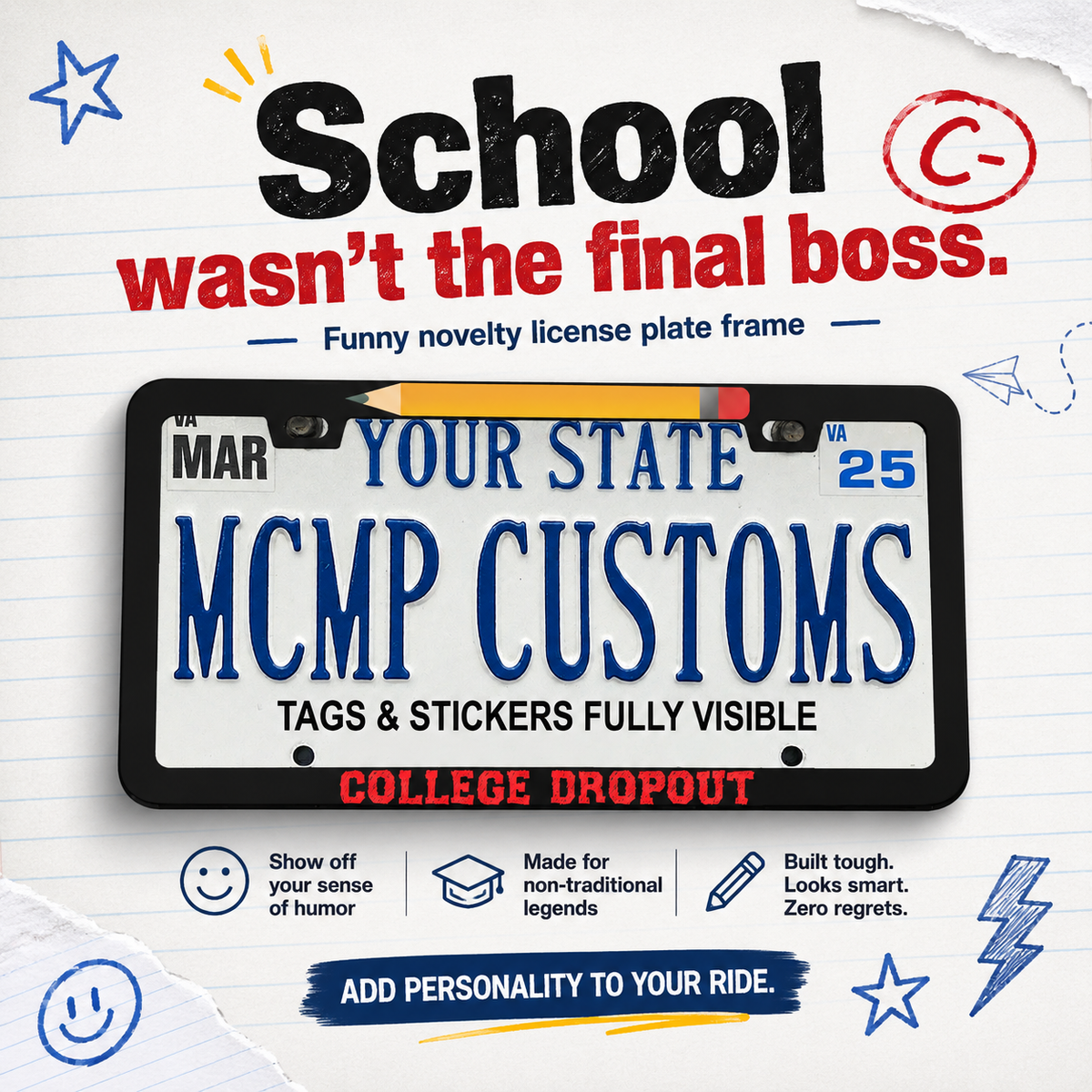 "College Dropout Funny" license plate frame — social media promo graphic