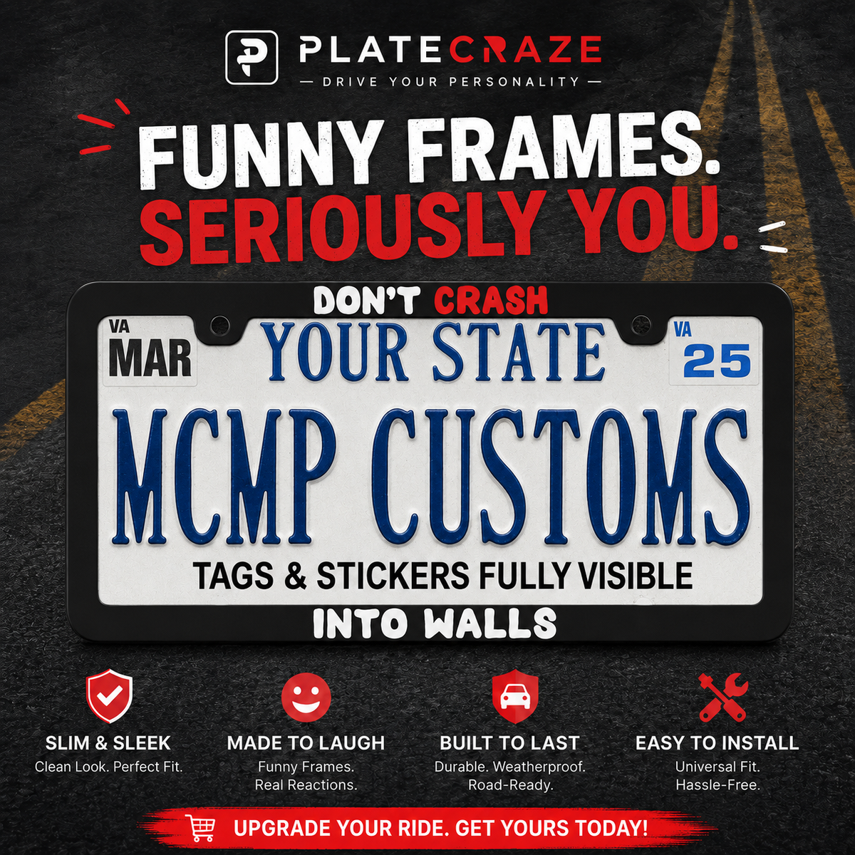 "Don't Crash Into Walls Gaming" license plate frame — social media promo graphic