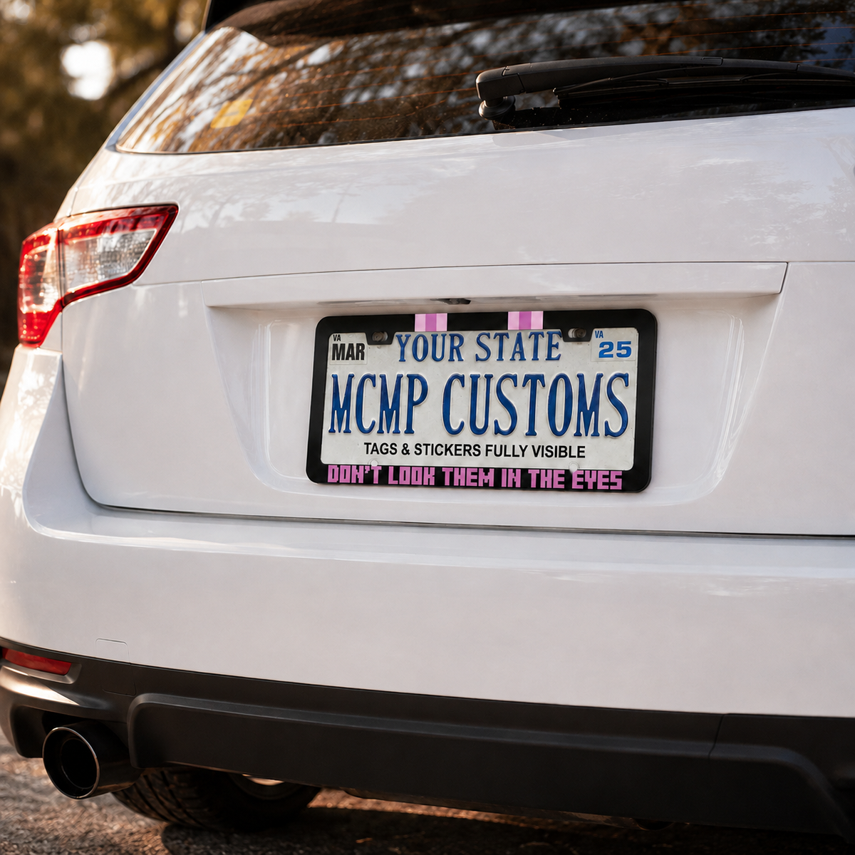 "Don't Look Them In The Eyes Minecraft Enderman Gaming" license plate frame shown on vehicle — lifestyle photo