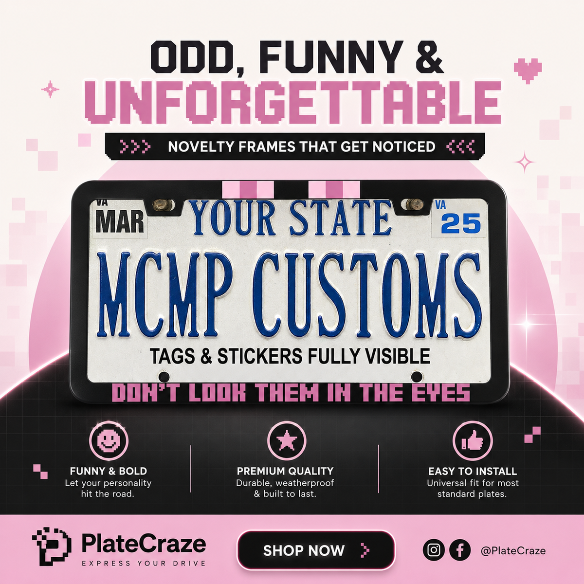 "Don't Look Them In The Eyes Minecraft Enderman Gaming" license plate frame — social media promo graphic