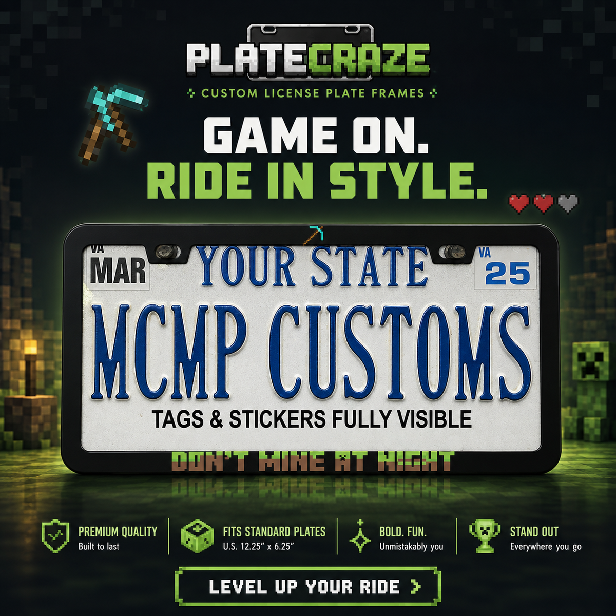 "Don't Mine At Night Minecraft Gaming" license plate frame — social media promo graphic