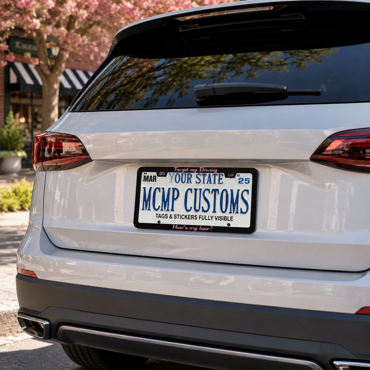 "Forget My Driving How's My Hair Funny" license plate frame — product photo