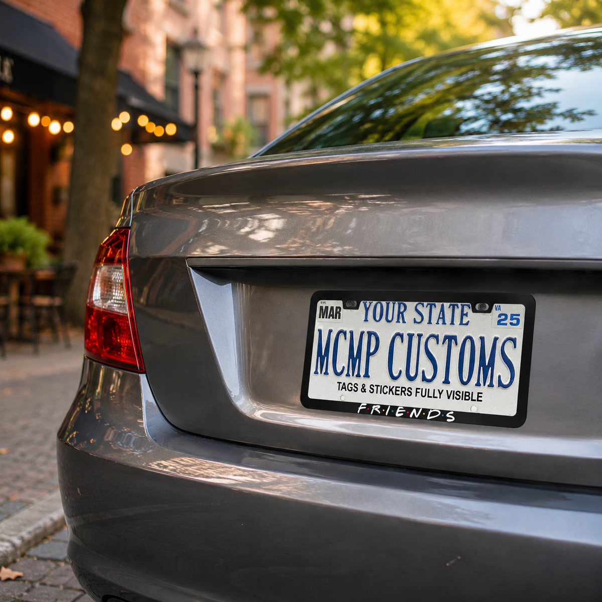 "Friends TV Show Logo" license plate frame shown on vehicle — lifestyle photo