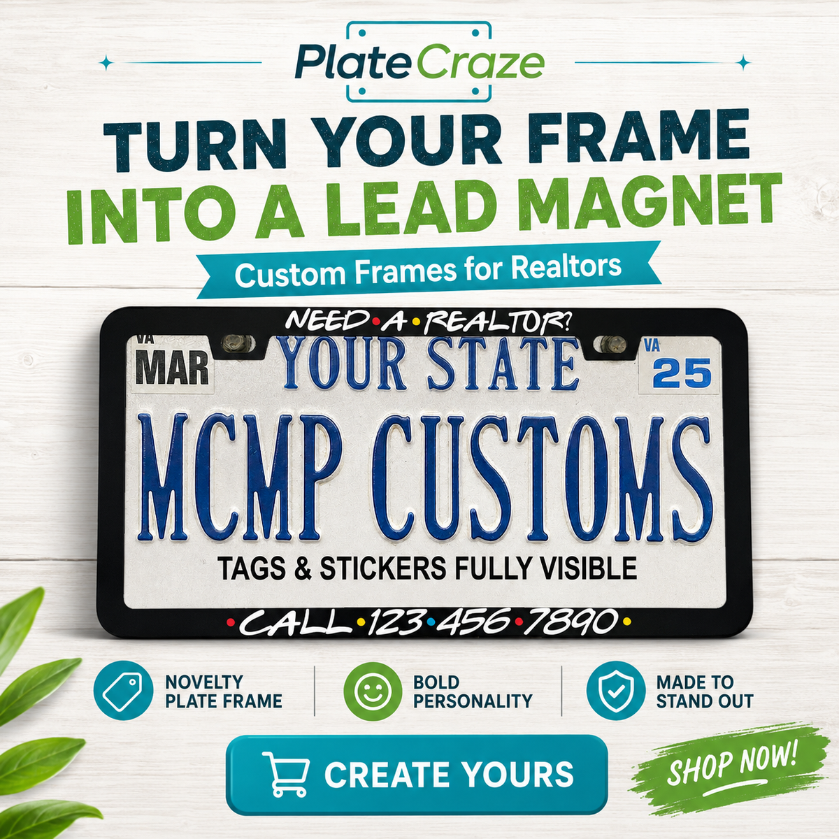 "Custom Friends Style Themed Realtor Personalized Business" license plate frame — social media promo graphic