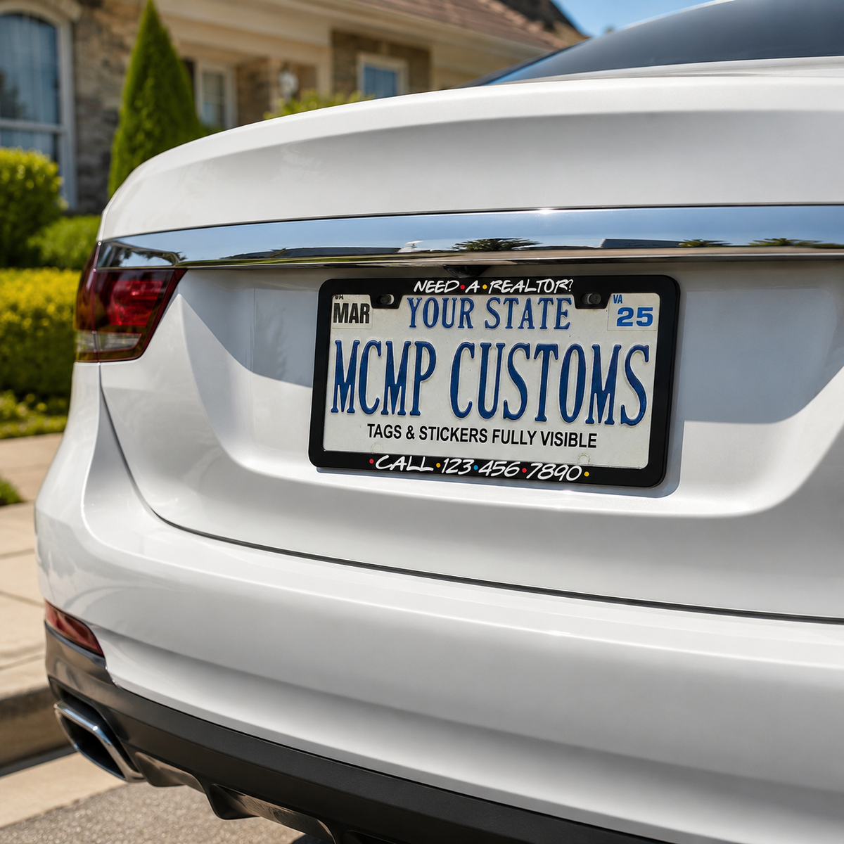 "Custom Friends Style Themed Realtor Personalized Business" license plate frame shown on vehicle — lifestyle photo